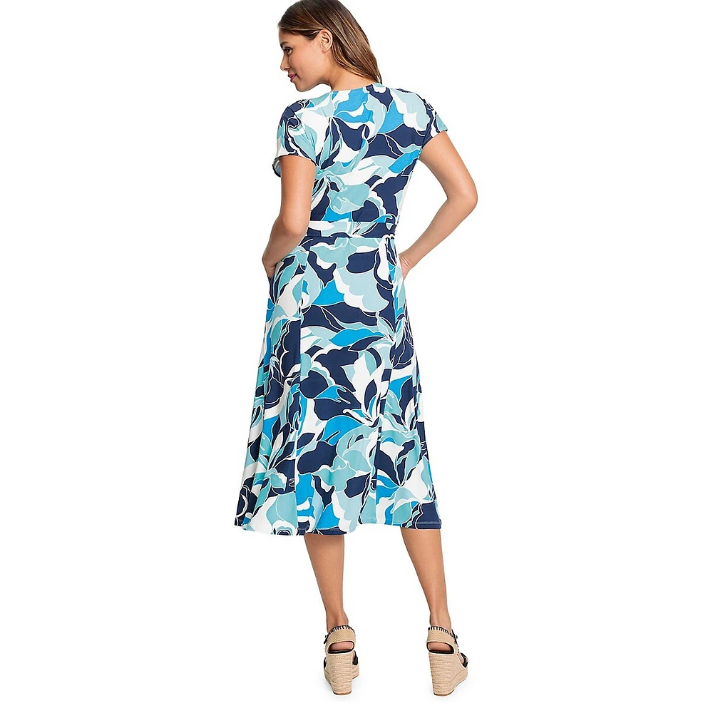 Printed Short-Sleeve Wrap Midi Dress