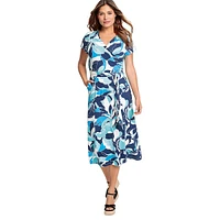 Printed Short-Sleeve Wrap Midi Dress