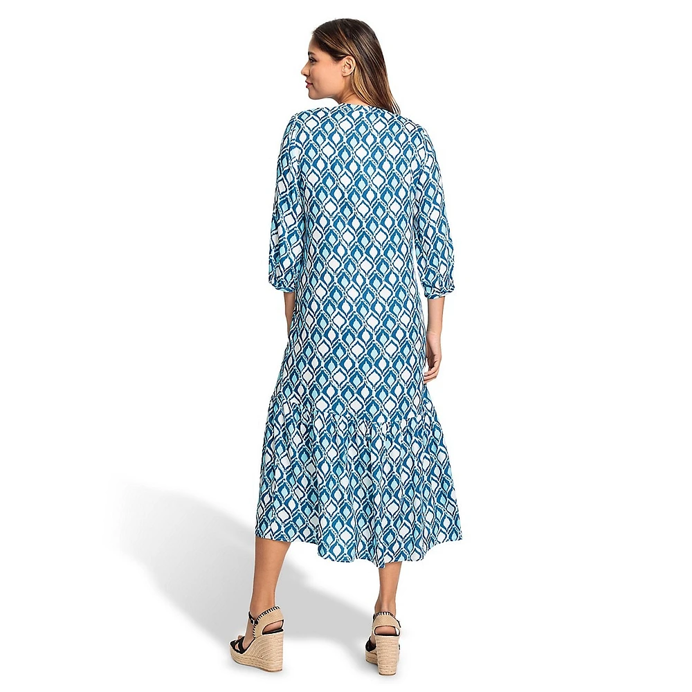 Loose-Fit Ikat-Print Tunic-Neck Maxi Dress