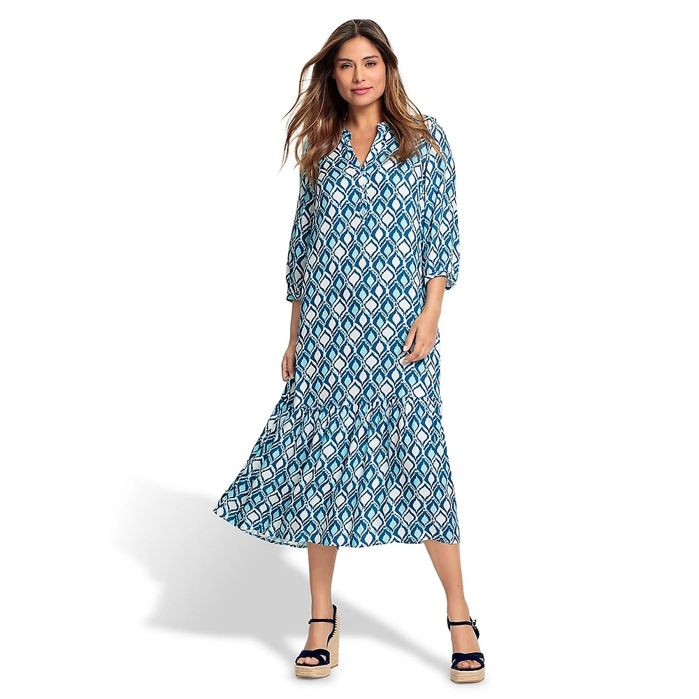 Loose-Fit Ikat-Print Tunic-Neck Maxi Dress