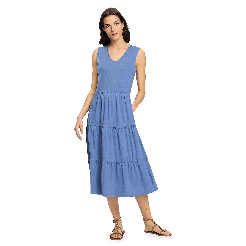 Tiered Sleeveless Slub Knit Midi Dress