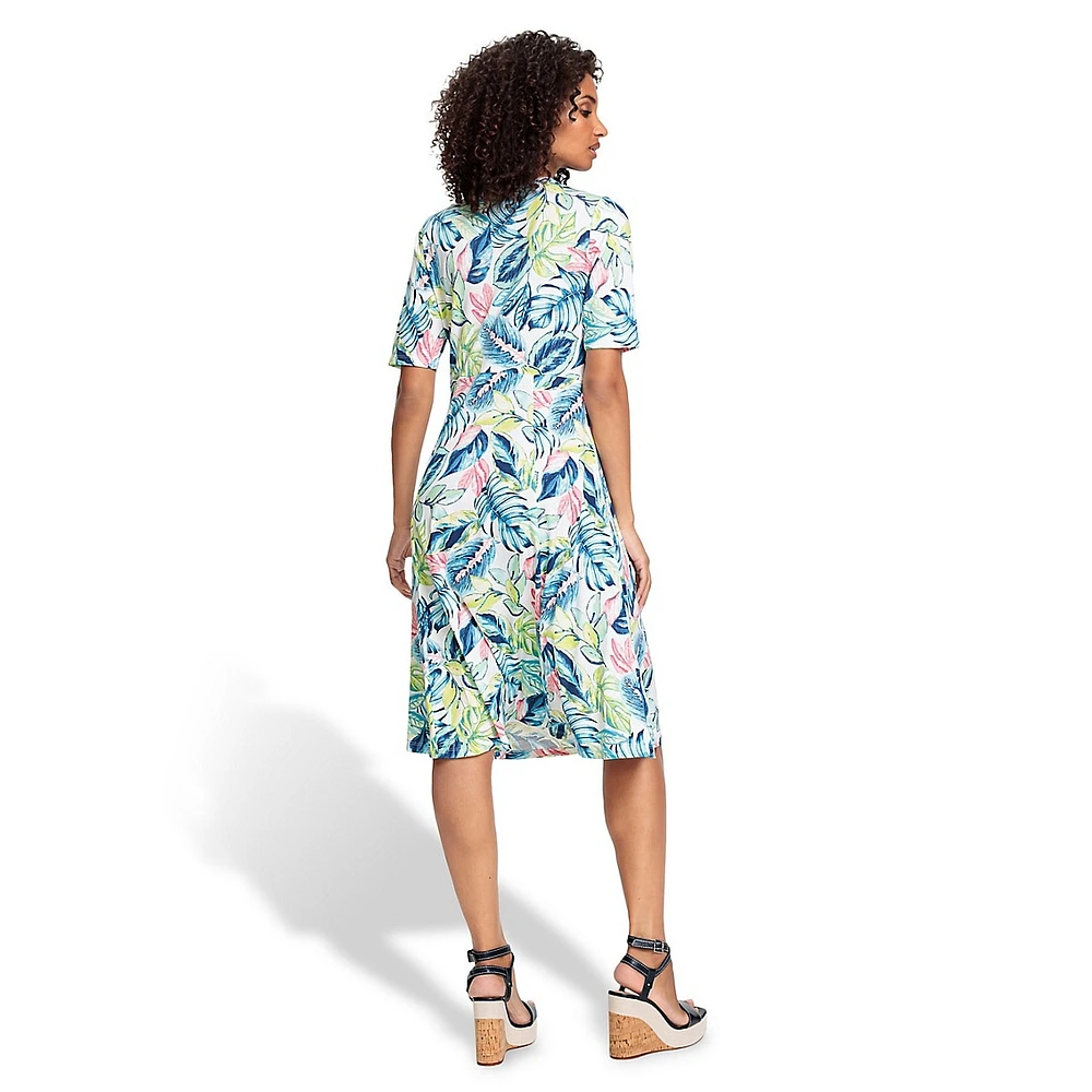 Tropical-Print Gathered A-Line Midi Dress