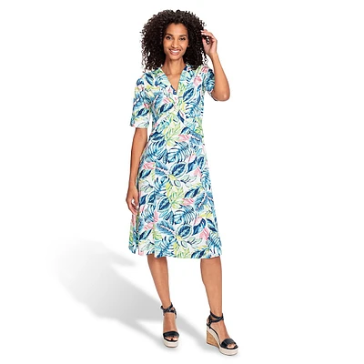 Tropical-Print Gathered A-Line Midi Dress