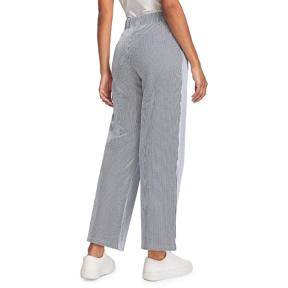 Pinstriped Stretch-Seersucker Wide-Leg Pants