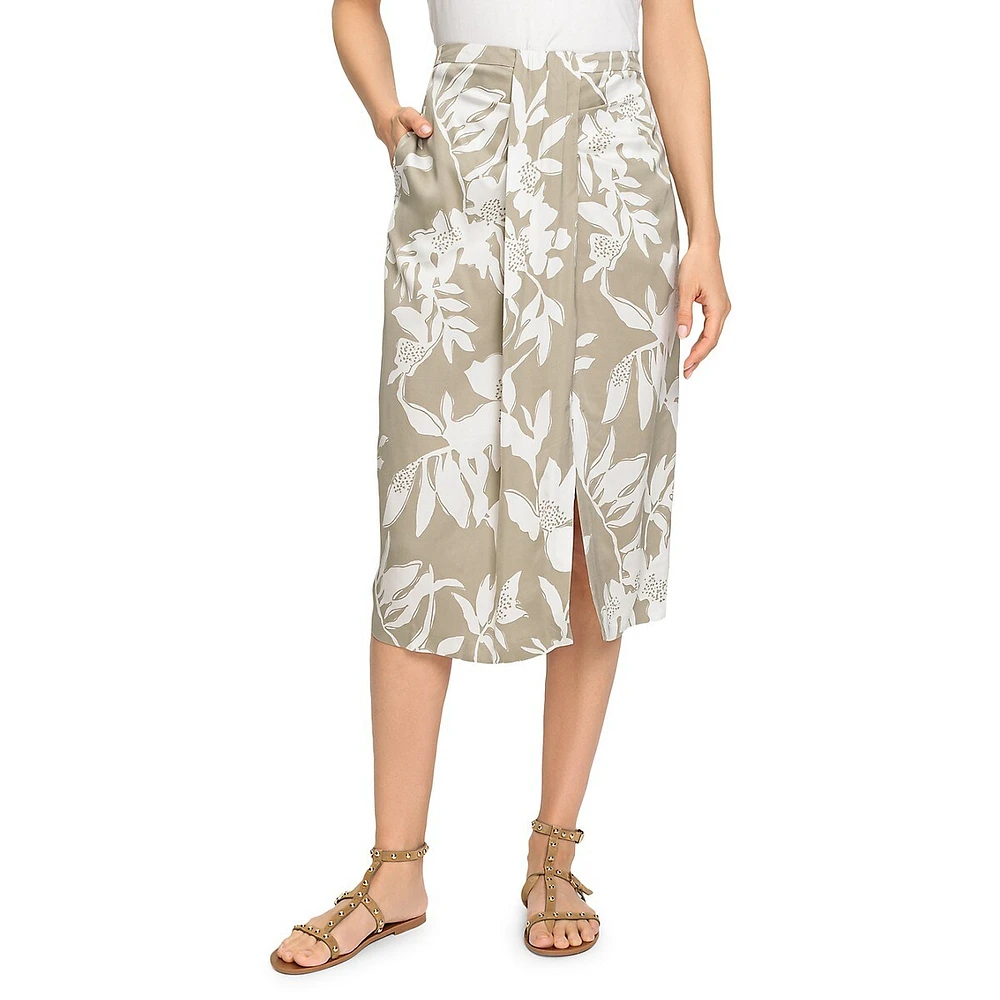 Abstract Floral Drape Front Midi Skirt