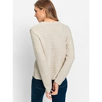 Open-Knit Roundneck Button-Up Cardigan