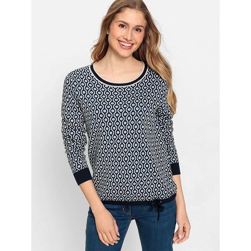 Geo-Print Drawstring-Hem Sweater