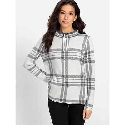 Drawstring-Neck Plaid-Print Top