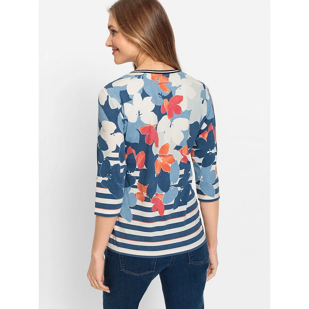 Abstract Floral & Stripe Three-Quarter-Sleeve Top