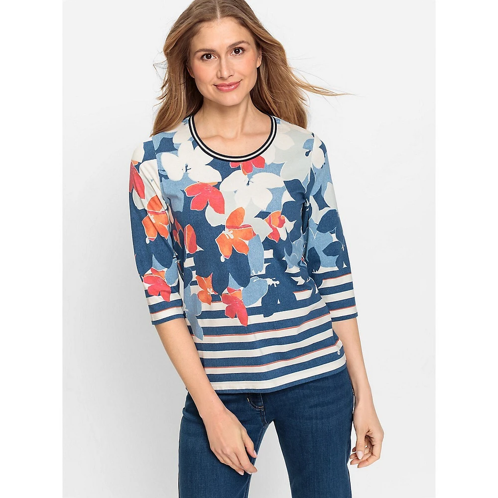 Abstract Floral & Stripe Three-Quarter-Sleeve Top