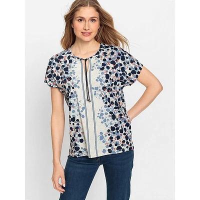 Printed Tunic-Neck Short-Sleeve Top