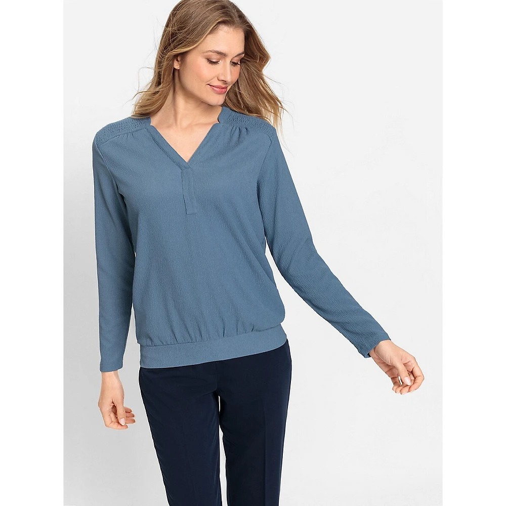 Crepe Long-Sleeve Tunic Blouse