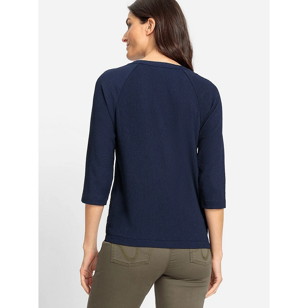 Crepe-Texture Three-Quarter-Sleeve Banded-Hem Top