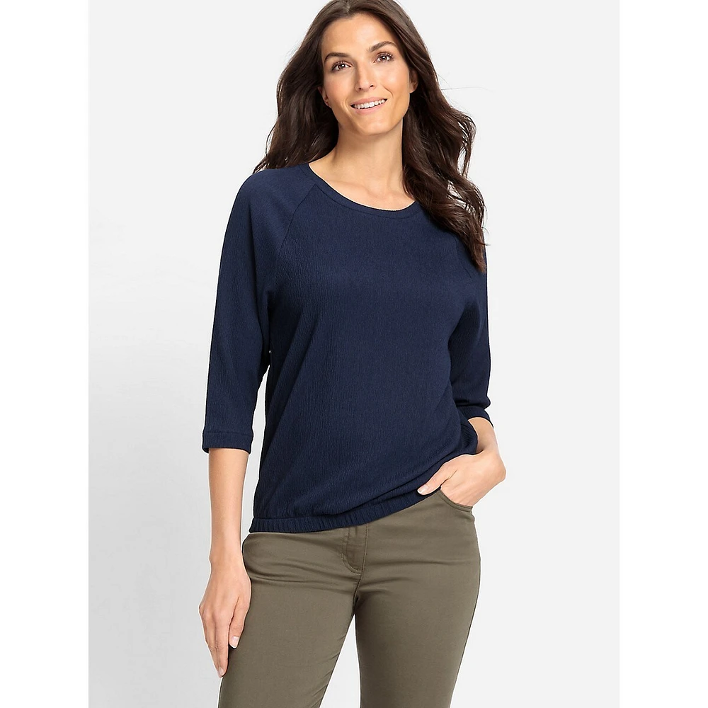 Crepe-Texture Three-Quarter-Sleeve Banded-Hem Top