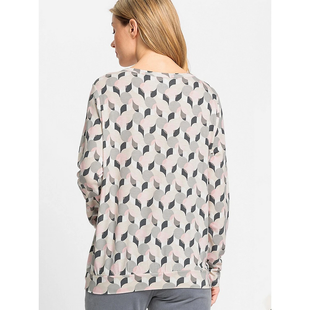 Pirnted Long-Sleeve Keyhole Top