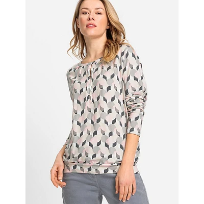 Pirnted Long-Sleeve Keyhole Top