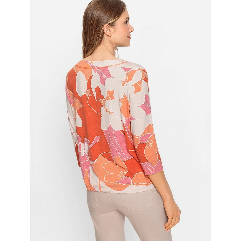 Floral Sketch-Print Drawstring-Hem Top