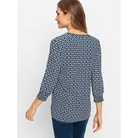 Geo-Print Shirred-Cuff Tunic Top