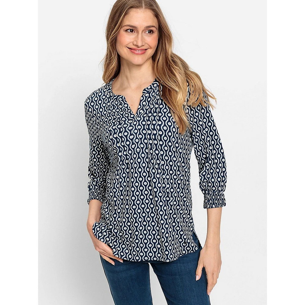 Geo-Print Shirred-Cuff Tunic Top