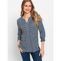 Geo-Print Shirred-Cuff Tunic Top