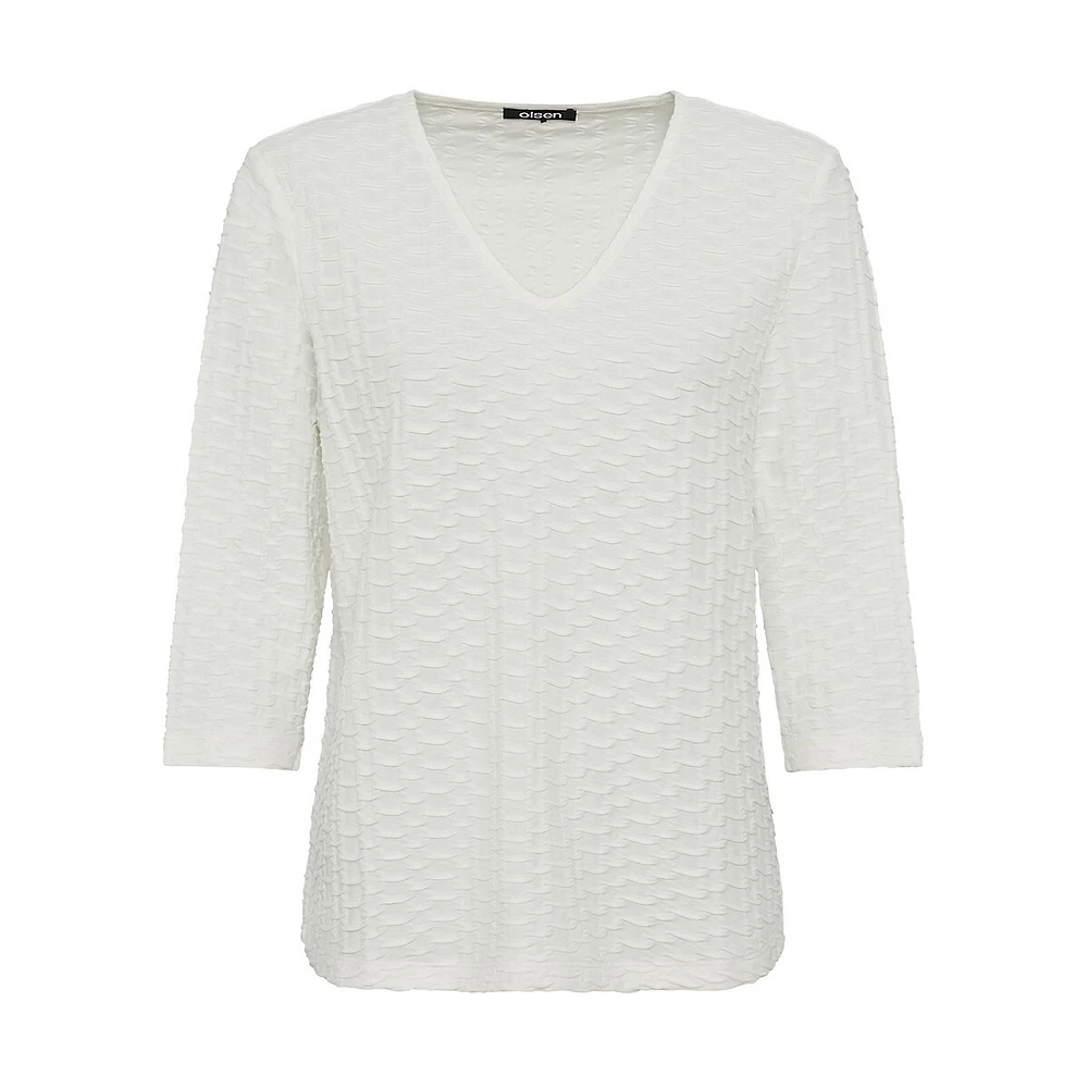 Textured Three-Quarter-Sleeve V-Neck Top