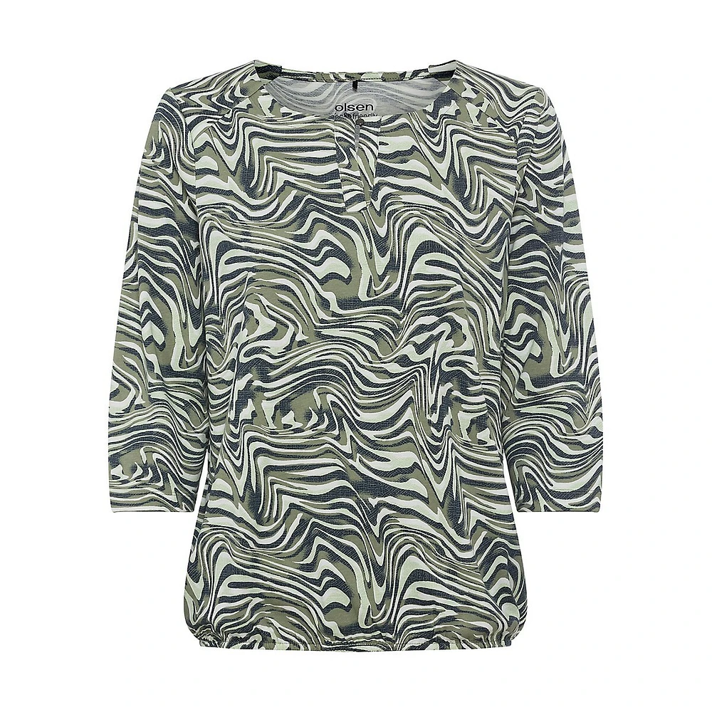 Swirl-Print Three-Quarter-Sleeve Banded-Hem Shirt