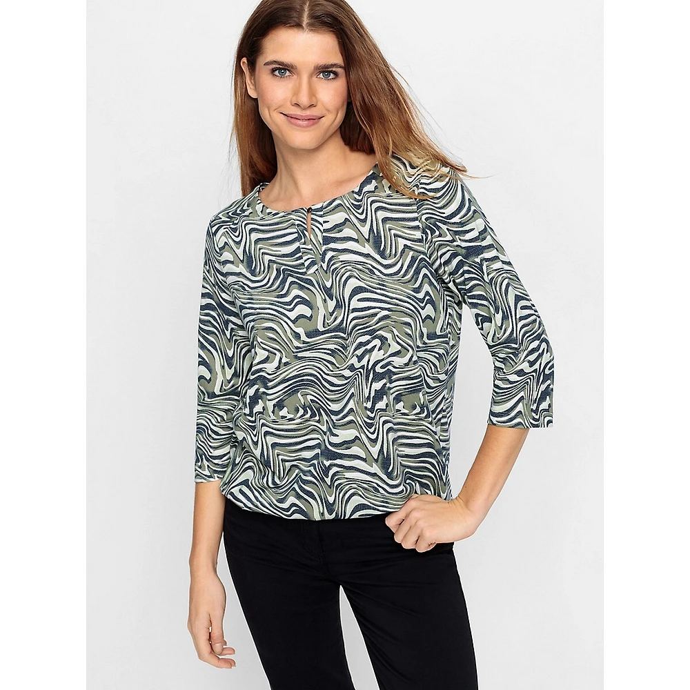 Swirl-Print Three-Quarter-Sleeve Banded-Hem Shirt