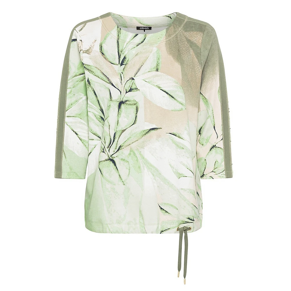 Leaf-Print Drawcord-Hem Top