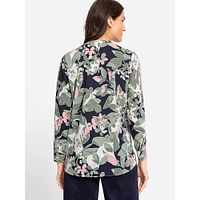 Camo Leaf-Print Split V-Neck Blouse