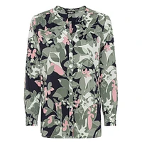 Camo Leaf-Print Split V-Neck Blouse