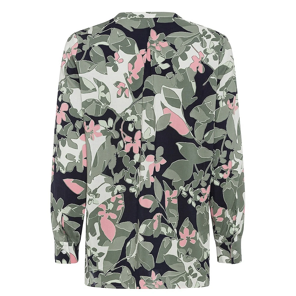 Camo Leaf-Print Split V-Neck Blouse