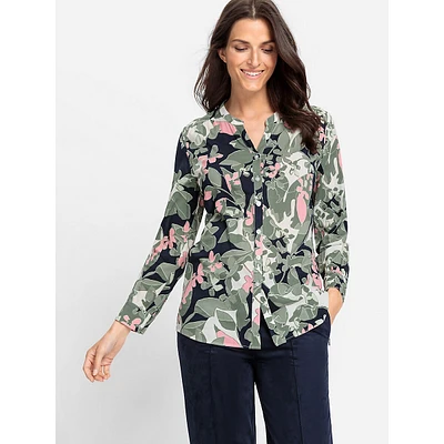 Camo Leaf-Print Split V-Neck Blouse