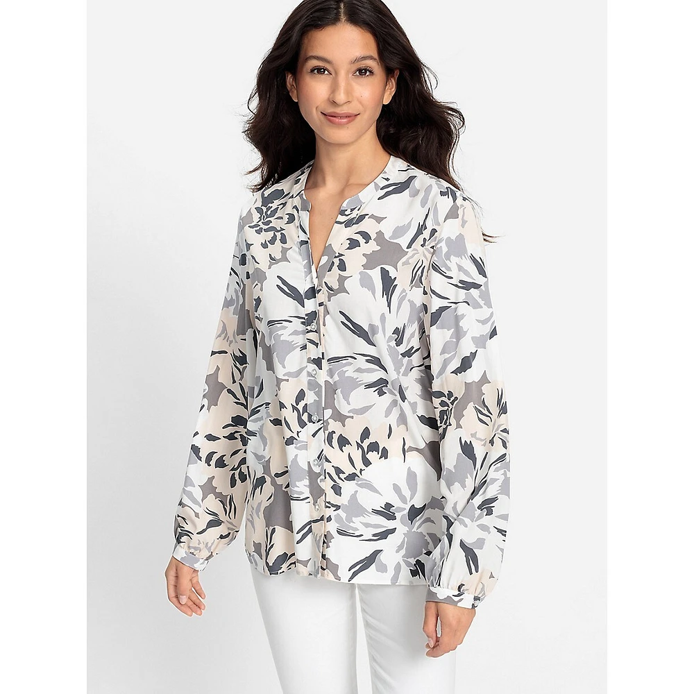 Rose-Print Split V-Neck Blouse