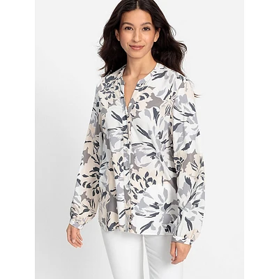 Rose-Print Split V-Neck Blouse