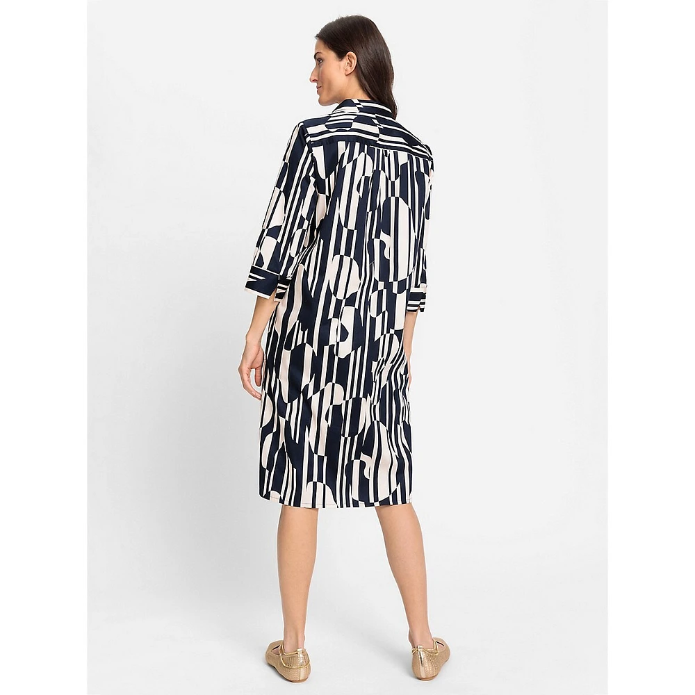 Geo-Print Three-Quarter-Sleeve Midi Shirt Dress