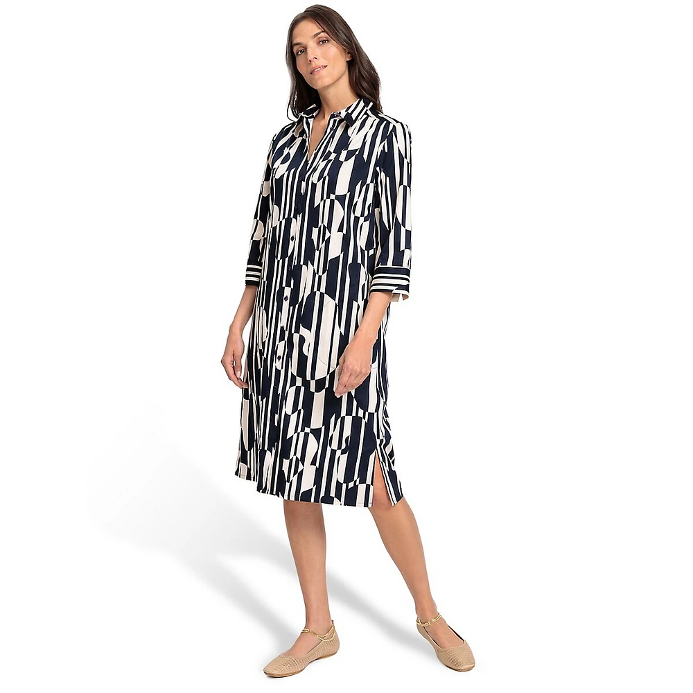 Geo-Print Three-Quarter-Sleeve Midi Shirt Dress