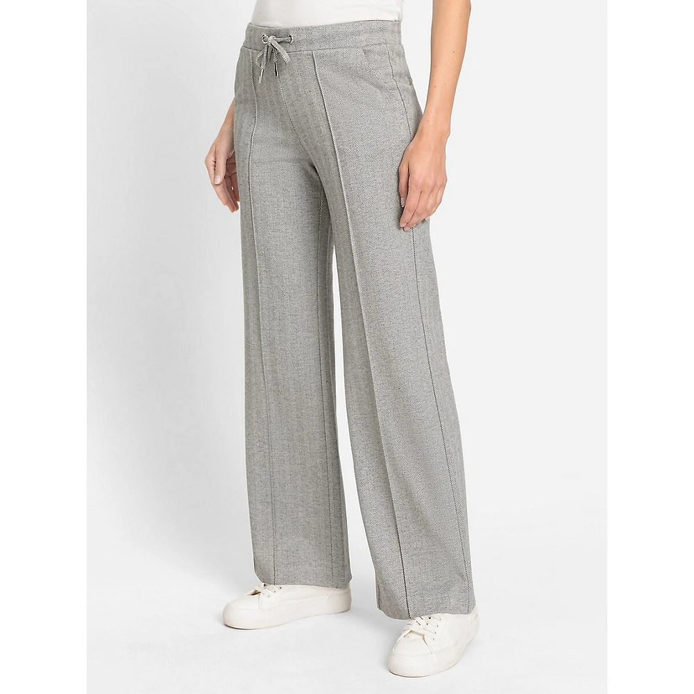 Anna Fit Wide-Leg Drawstring Herringbone Pants