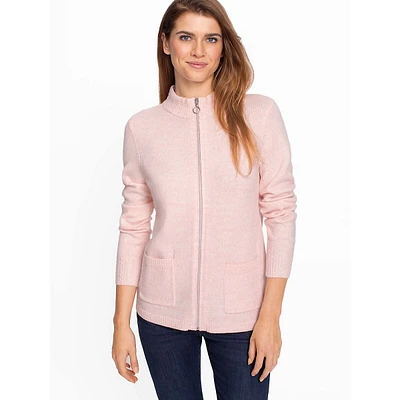 Cable-Accent Zip-Front Mockneck Cardigan