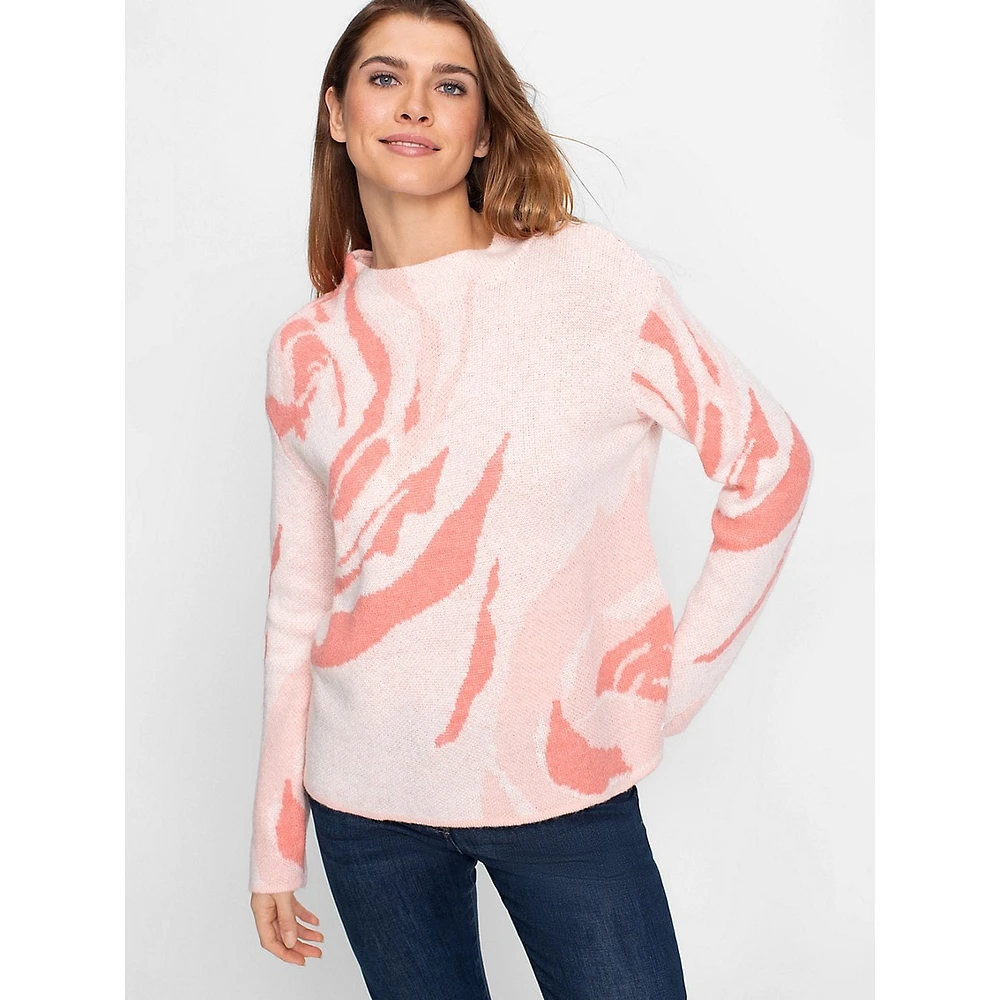 Abstract Flower Loose-Mockneck Sweater