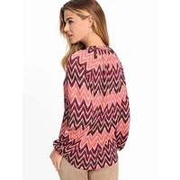 Chevron Tie-Neck Blouson-Sleeve Blouse