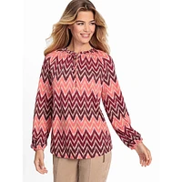 Chevron Tie-Neck Blouson-Sleeve Blouse