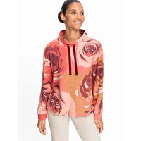 Rose-Print Drawstring Funnel-Neck Jersey Top