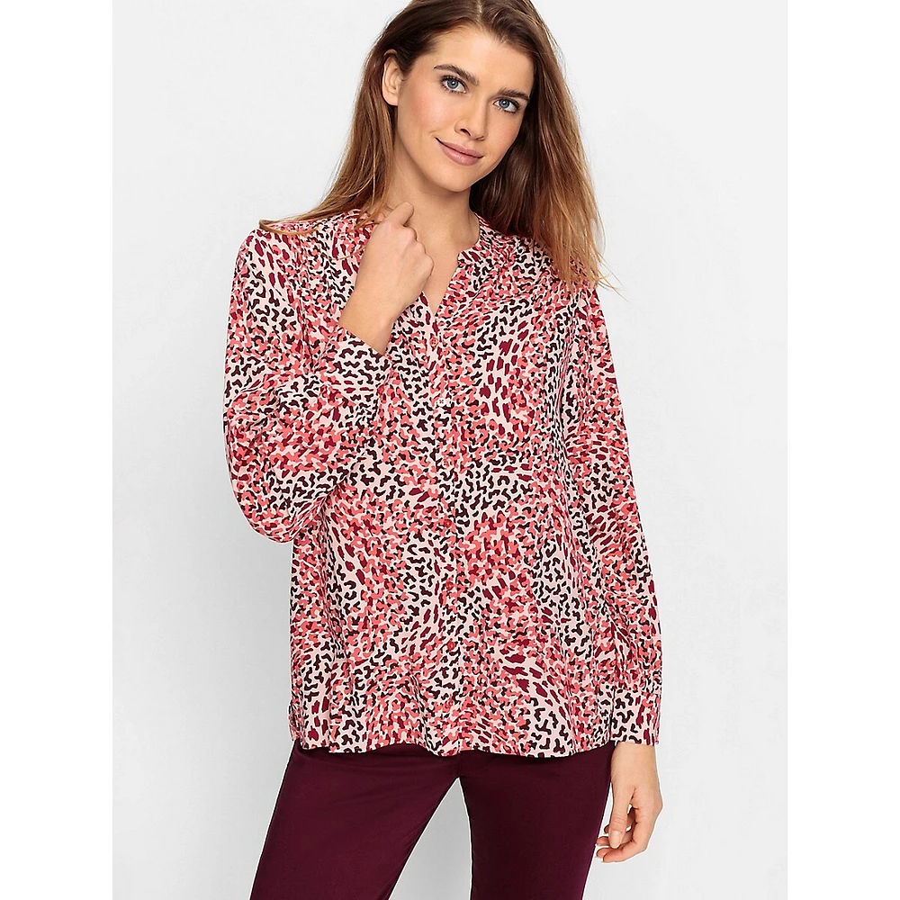 Leopard-Print Tunic-Neck Button-Up Shirt