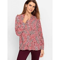 Leopard-Print Tunic-Neck Button-Up Shirt