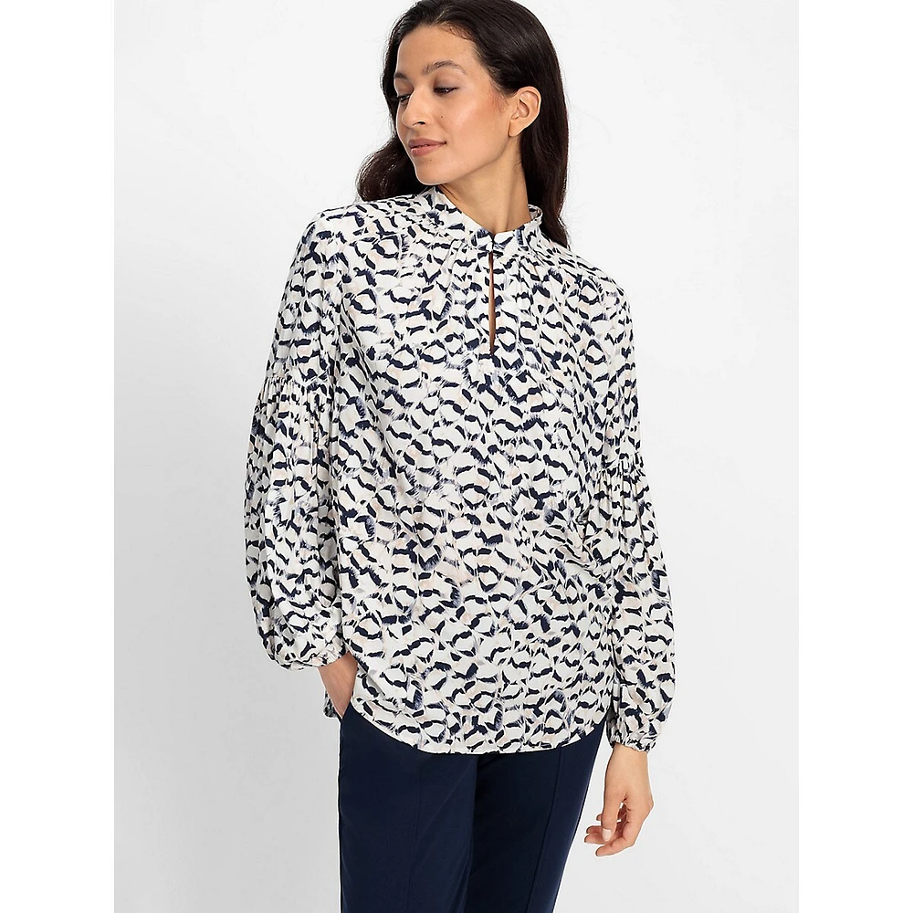 Feather-Print Keyhole Blouse