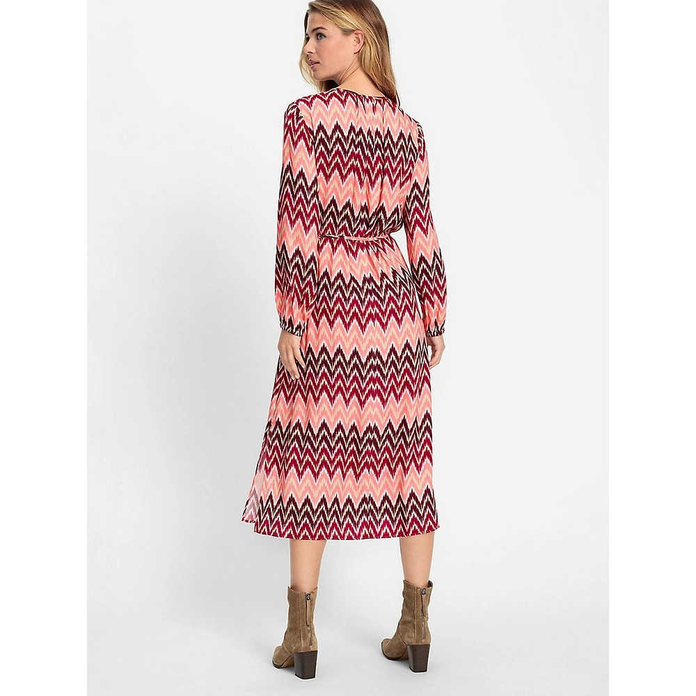 Chevron-PrintTie-Neck Long-Sleeve Midi Dress