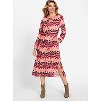 Chevron-PrintTie-Neck Long-Sleeve Midi Dress