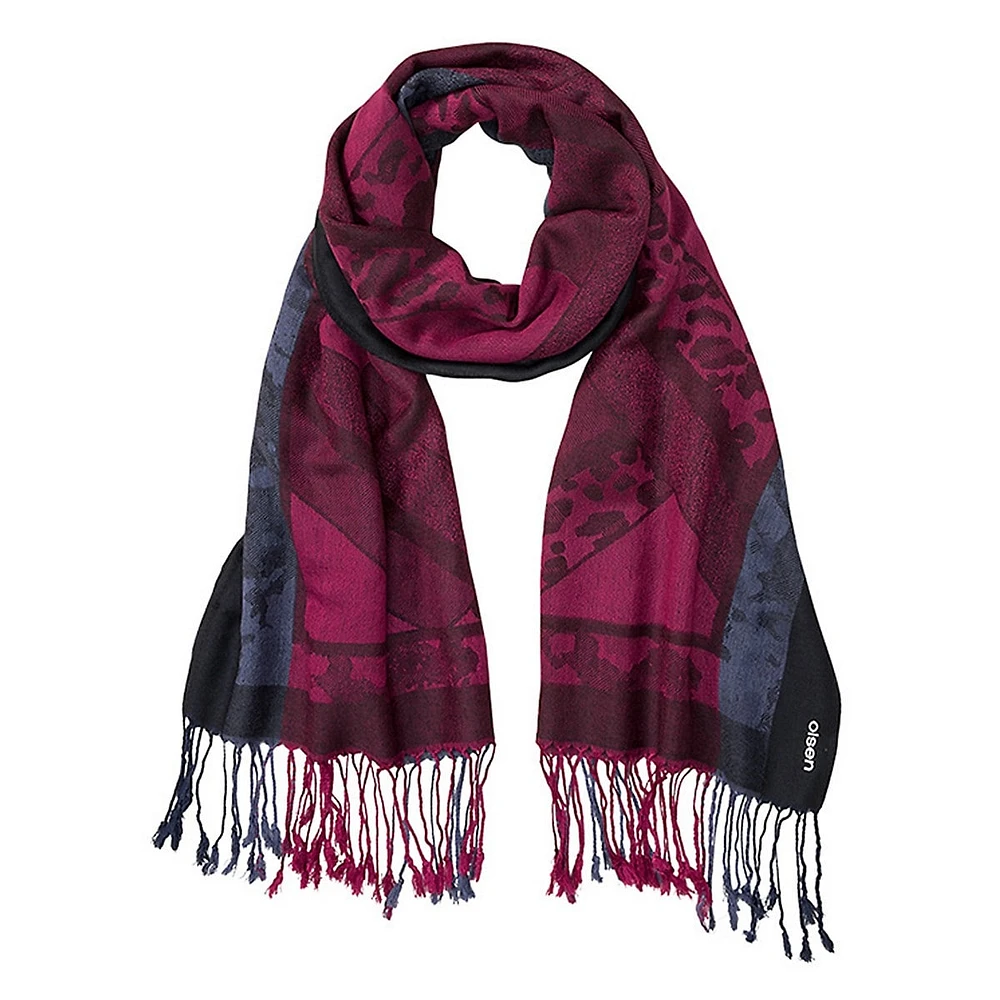 Leo-Print & Solid-Border Woven Scarf