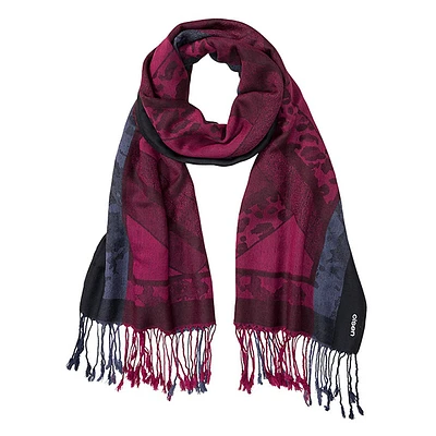 Leo-Print & Solid-Border Woven Scarf