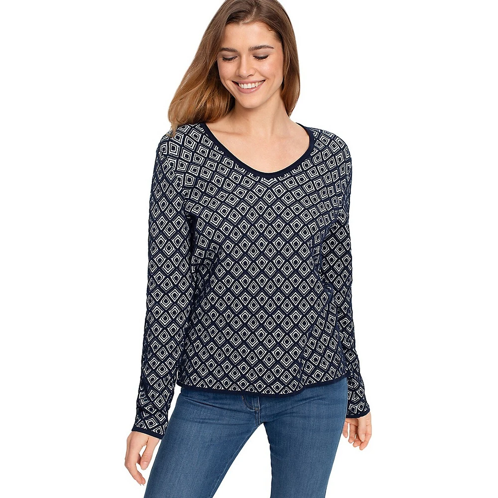 V-Neck Geometric Intarsia Sweater